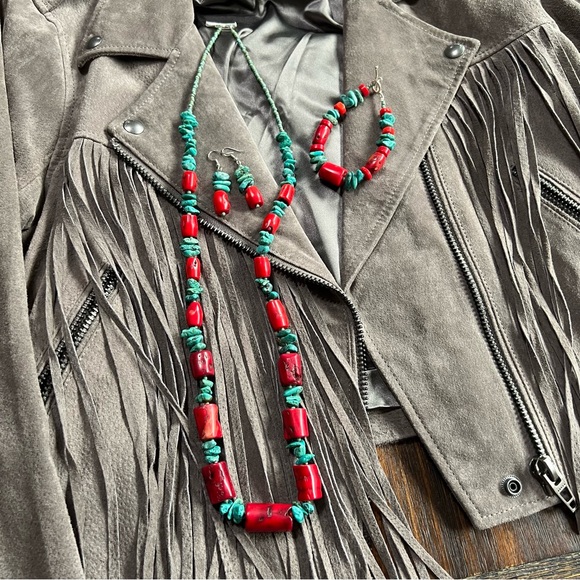 Real Turquoise Red Coral Necklace Bracelet Earring 3 pc set blue green handmade - Picture 4 of 16